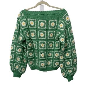 Vintage Green Hand Knit Floral Crochet Sweater